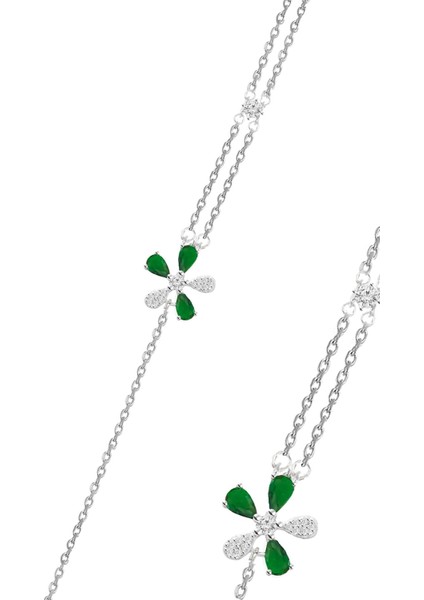 Gümüş Rodyumlu Yeşil Zirkon Taşlı Parıltılı Çiçek Bileklik SGTL12641YESIL