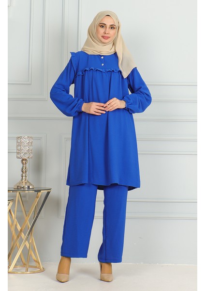 Aerobin Kumaş Fırfırlı Tunik Pantolon Ikili Takım 1009-02 Saks modelleri