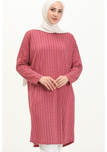 Desenli Yarasa Kol Tunik 8602-01 Bordo