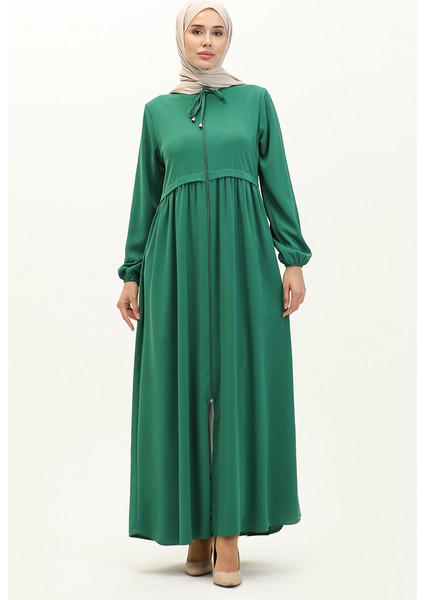 Pileli Fermuarlı Ferace 4525-05 Zümrüt Yeşili