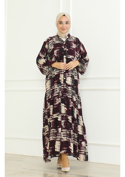 Desenli Viskon Elbise 0466-02 Mor