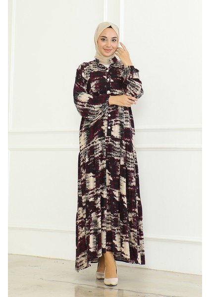 Desenli Viskon Elbise 0466-02 Mor