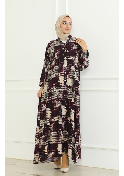 Desenli Viskon Elbise 0466-02 Mor