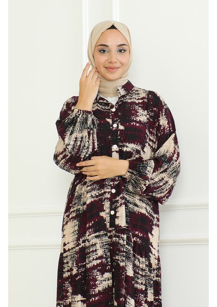 Desenli Viskon Elbise 0466-02 Mor