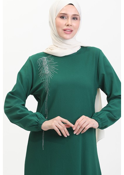 Taşlı Krep Abiye Elbise 0480-04 Zümrüt Yeşili