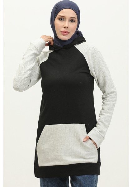 Kapüşonlu Sweatshirt 23071-06 Siyah Ekru