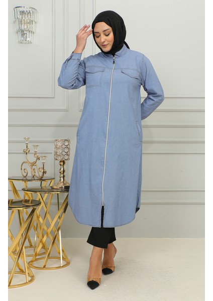 Büyük Beden Fermuarlı Kot Tunik 35301-01 Lacivert modelleri