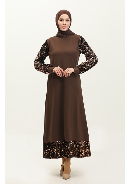 Payetli Abiye Elbise 0305-03 Kahverengi