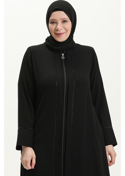 Büyük Beden Önü Taşlı Ferace 5051-01 Siyah