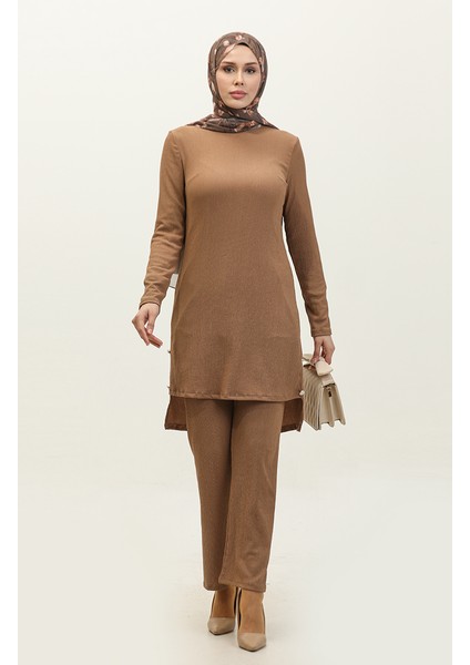 Düğme Detaylı Tunik Pantolon Ikili Takım 0101DA-02 Kahverengi