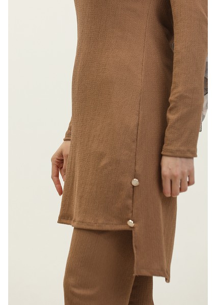 Düğme Detaylı Tunik Pantolon Ikili Takım 0101DA-02 Kahverengi fırsatları