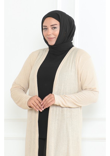 Büyük Beden Dökümlü Uzun Mevsimlik Anne Hırka 8740-02 Bej modelleri