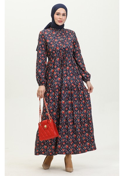 Gül Desenli Elbise 0401-04 Lacivert