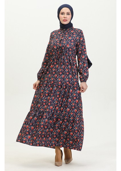 Gül Desenli Elbise 0401-04 Lacivert modelleri