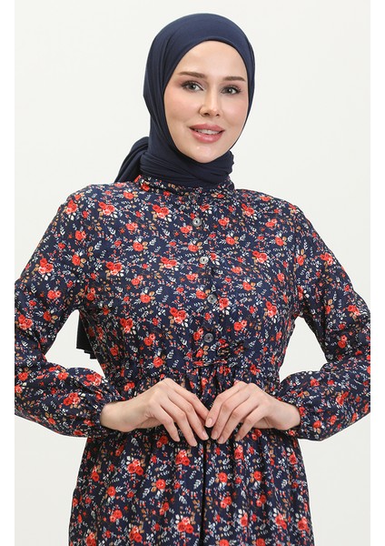 Gül Desenli Elbise 0401-04 Lacivert fırsatları