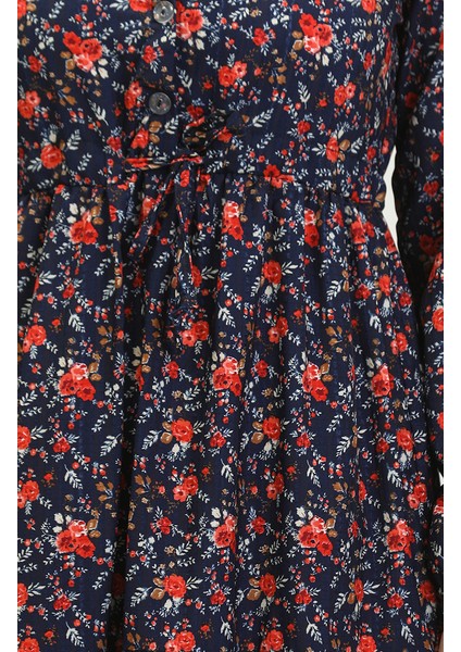 Gül Desenli Elbise 0401-04 Lacivert indirimleri