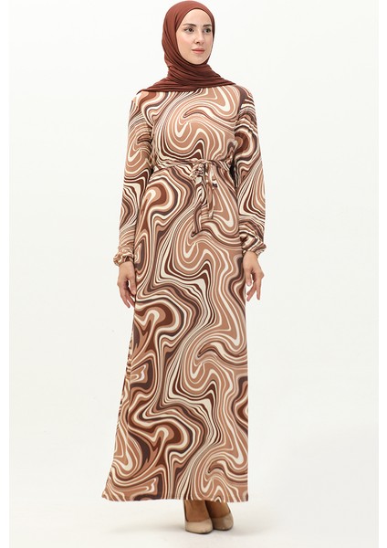 Desenli Tesettür Uzun Elbise 8648-01 Kahverengi
