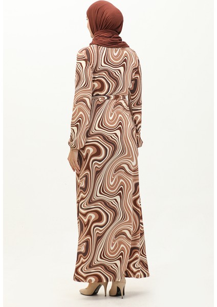 Desenli Tesettür Uzun Elbise 8648-01 Kahverengi indirimleri
