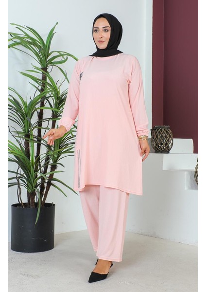 Büyük Beden Bürümcük Tunik Pantolon Ikili Takım 2608-08 Pudra modelleri
