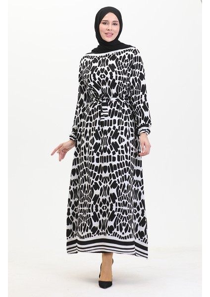 Desenli Kuşaklı Viskon Elbise 0473-03 Siyah