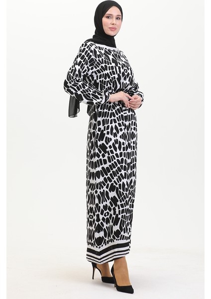 Desenli Kuşaklı Viskon Elbise 0473-03 Siyah fiyatları