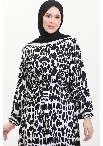 Desenli Kuşaklı Viskon Elbise 0473-03 Siyah modelleri