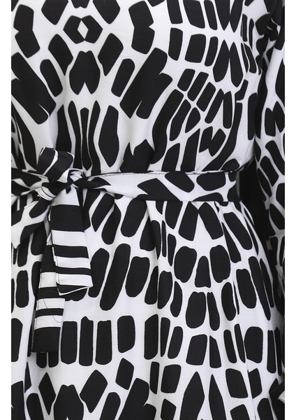 Desenli Kuşaklı Viskon Elbise 0473-03 Siyah fırsatları