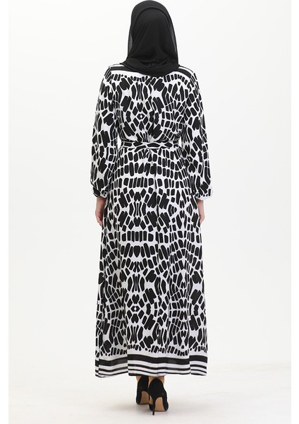 Desenli Kuşaklı Viskon Elbise 0473-03 Siyah indirimleri