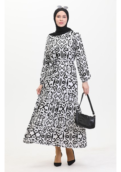 Desenli Kuşaklı Viskon Elbise 0469-03 Beyaz