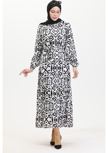 Desenli Kuşaklı Viskon Elbise 0469-03 Beyaz fiyatları