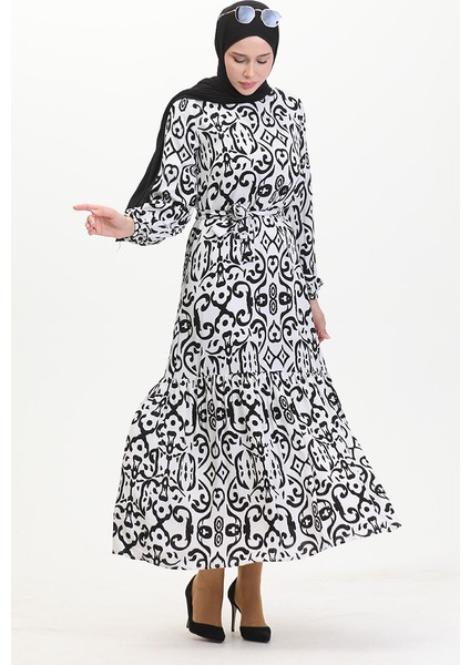 Desenli Kuşaklı Viskon Elbise 0469-03 Beyaz modelleri