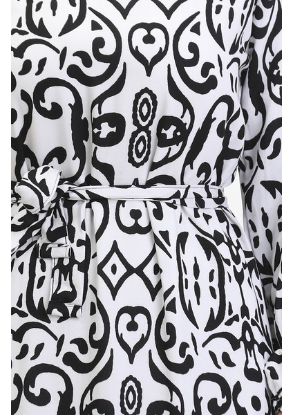 Desenli Kuşaklı Viskon Elbise 0469-03 Beyaz indirimleri