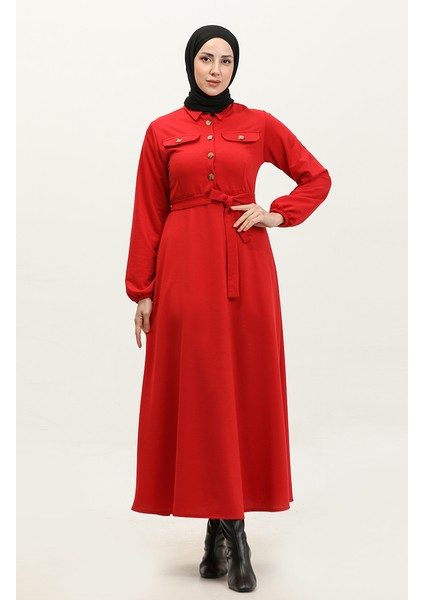 Cep Detaylı Kuplu Elbise 0331-04 Kırmızı