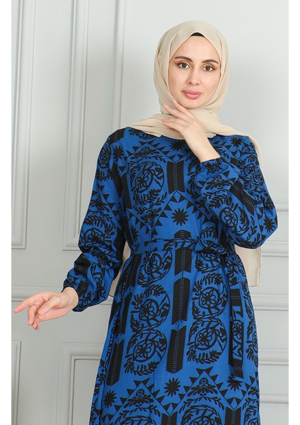 Desenli Kuşaklı Viskon Elbise 0499-10 Saks Siyah