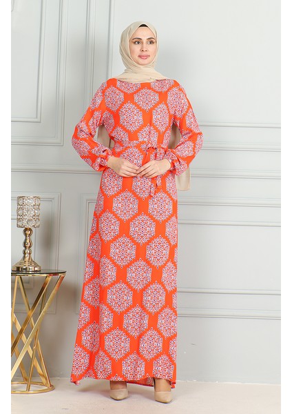 Desenli Kuşaklı Viskon Elbise 0493-03 Oranj Mor