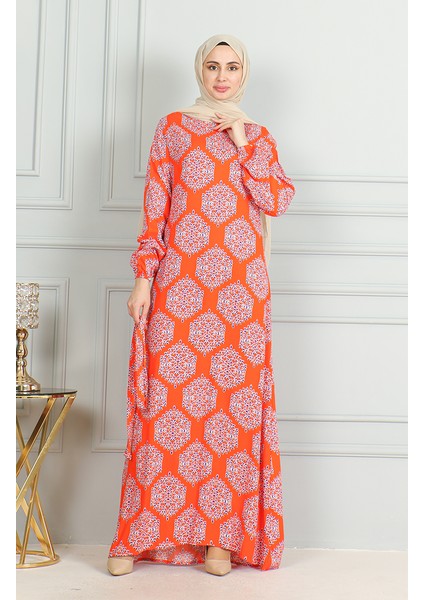 Desenli Kuşaklı Viskon Elbise 0493-03 Oranj Mor