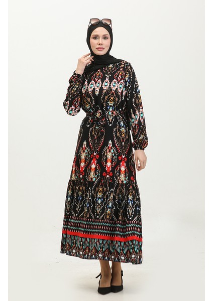 Hüma Desenli Viskon Elbise 0360-05 Siyah