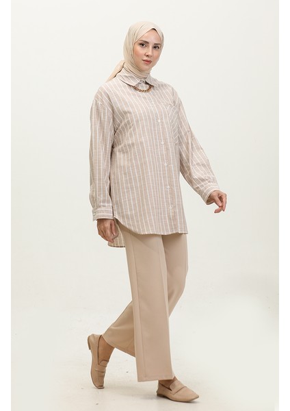 Keten Karışımlı Çizgili Gömlek 4819-02 Vizon fiyatları