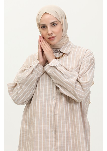 Keten Karışımlı Çizgili Gömlek 4819-02 Vizon modelleri