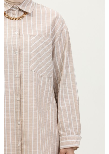 Keten Karışımlı Çizgili Gömlek 4819-02 Vizon fırsatları