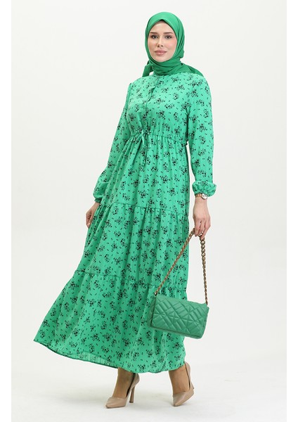 Çiçek Desenli Beli Büzgülü Elbise 0398-05 Yeşil fiyatları