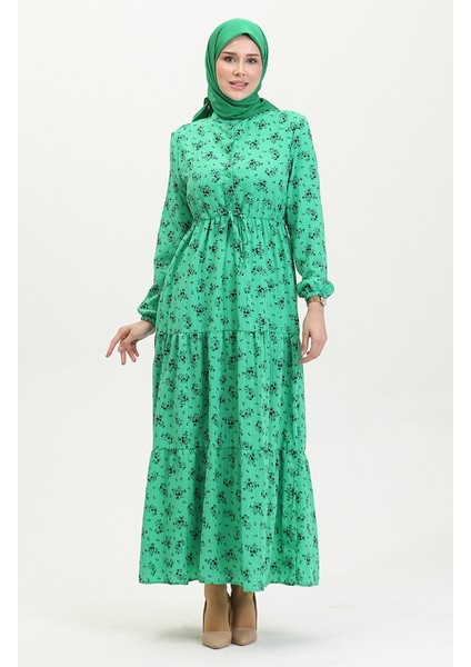 Çiçek Desenli Beli Büzgülü Elbise 0398-05 Yeşil modelleri