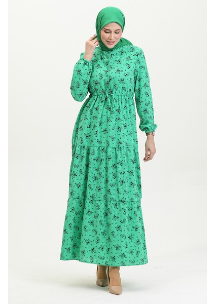 Çiçek Desenli Beli Büzgülü Elbise 0398-05 Yeşil fırsatları