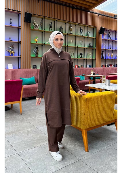 Iki Iplik Fermuarlı Eşofman Takım 3062-11 Kahverengi