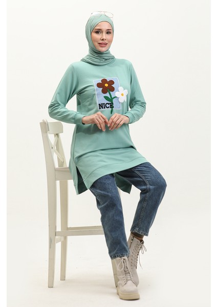 Papatya Nakışlı Tunik 9116-01 Çağla Yeşili