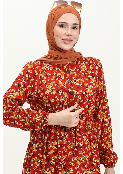 Çiçek Desenli Viskon Elbise 0426-02 Bordo Hardal