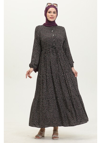 Desenli Viskon Elbise 0419-05 Siyah