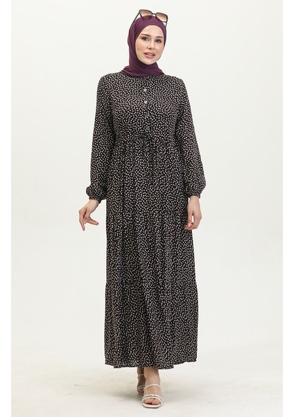 Desenli Viskon Elbise 0419-05 Siyah fiyatları