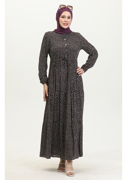 Desenli Viskon Elbise 0419-05 Siyah modelleri