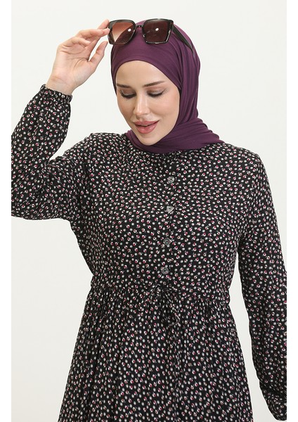 Desenli Viskon Elbise 0419-05 Siyah fırsatları